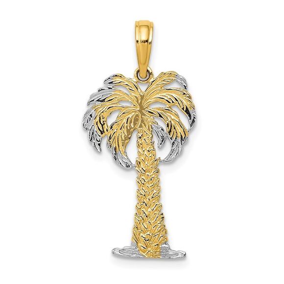 14k Yellow Gold w/ Rhodium Polished & Textured Palm Tree Pendant